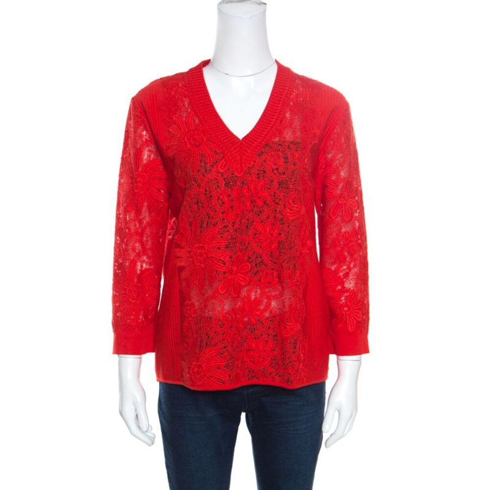 Ermanno Scervino Red Lace Paneled V Neck Sweater M